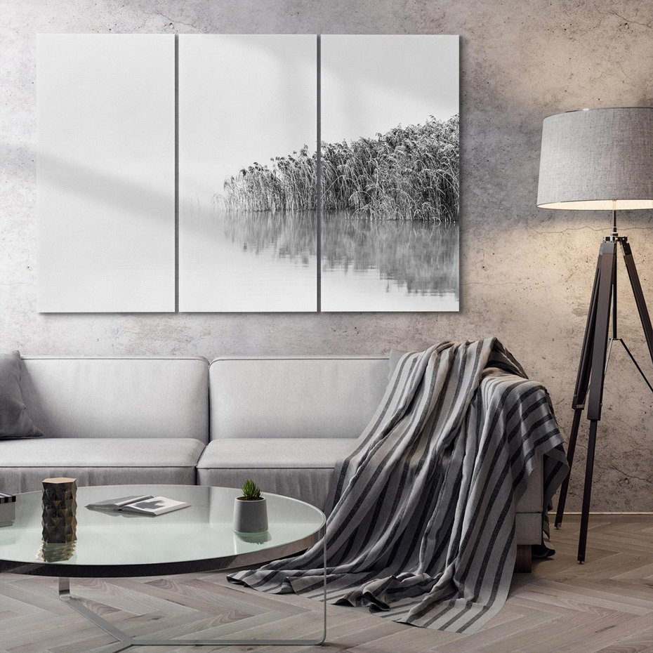 Obraz na płótnie 120x80 - Mglisty Brzeg Jeziora - czarno białe zdjęcie, zamglone jezioro