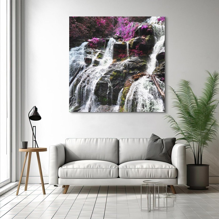 Obraz na płótnie 50x50 - Wodospad wśród majestatycznych gór - wodospad, góry