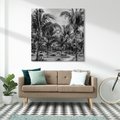 Obraz na płótnie 50x50 - Mroczna Ścieżka Tropików - czarno biała fotografia, ścieżka pośród palm