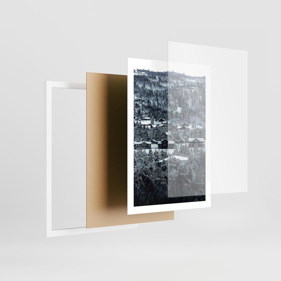 Plakat w ramie 50x70 - Domki w Chmurach - górski zimowy krajobraz, dommki na wzgórzach - rama biała