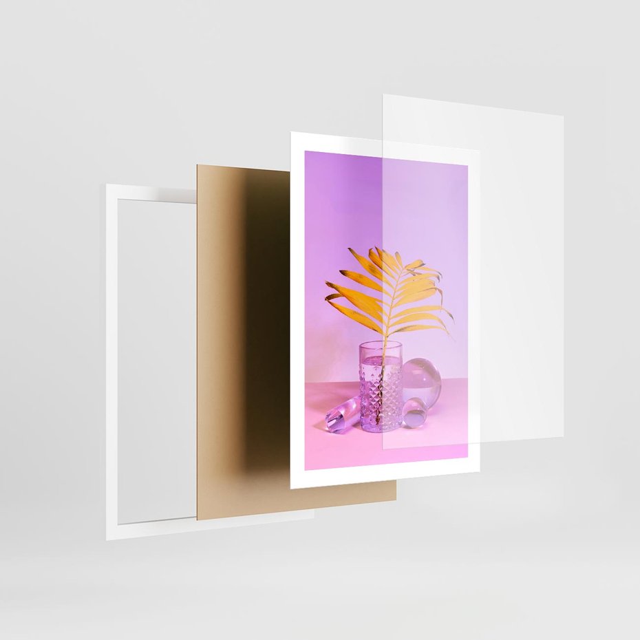 Plakat w ramie 50x70 - Neonowy Liść Palmy na Fotografii - neonowa fotografia, liść palmy w szklance - rama biała