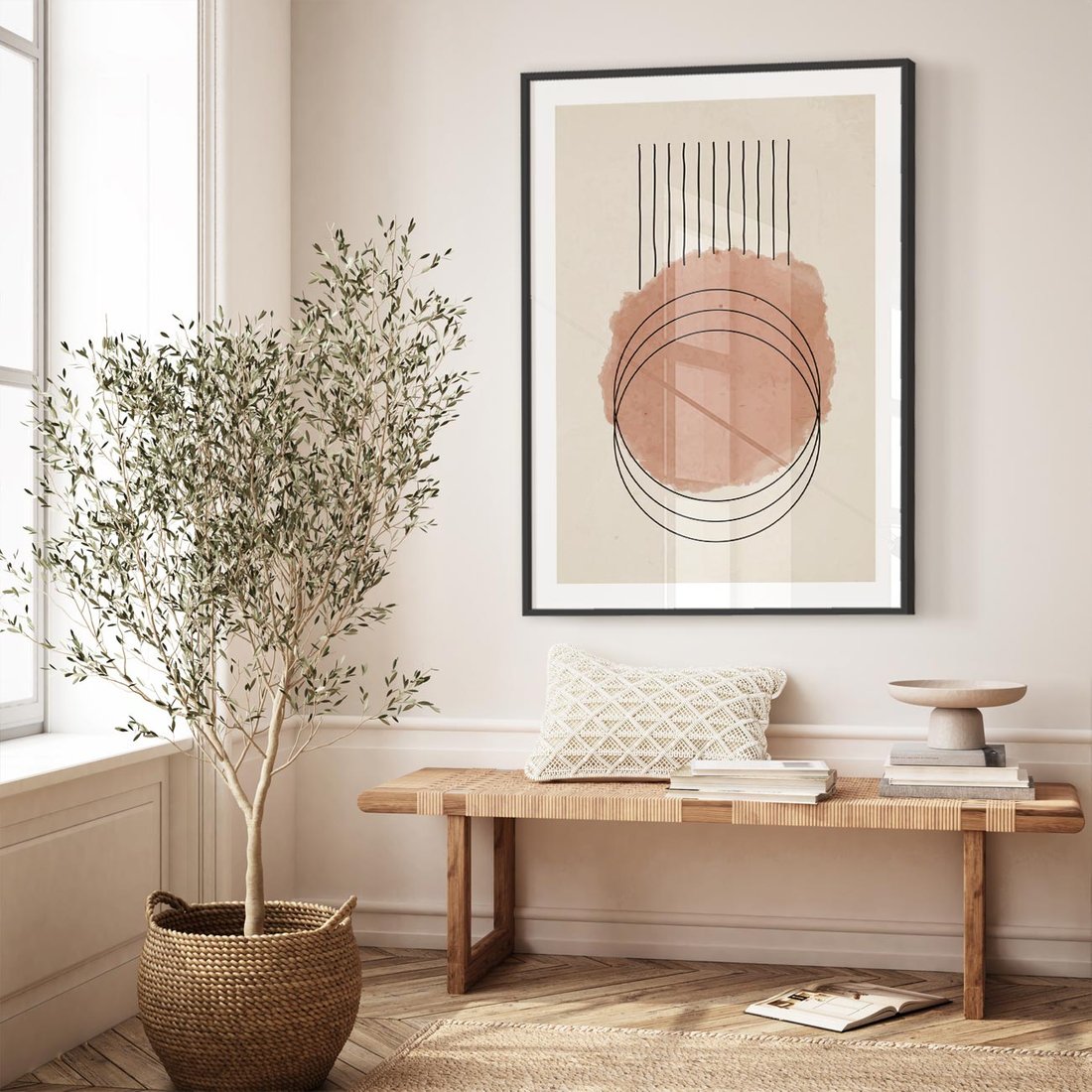 Plakat w ramie 50x70 - Migotliwe Kontury - akwarelowa plama, geometryczne szkicowane kształty - rama czarna