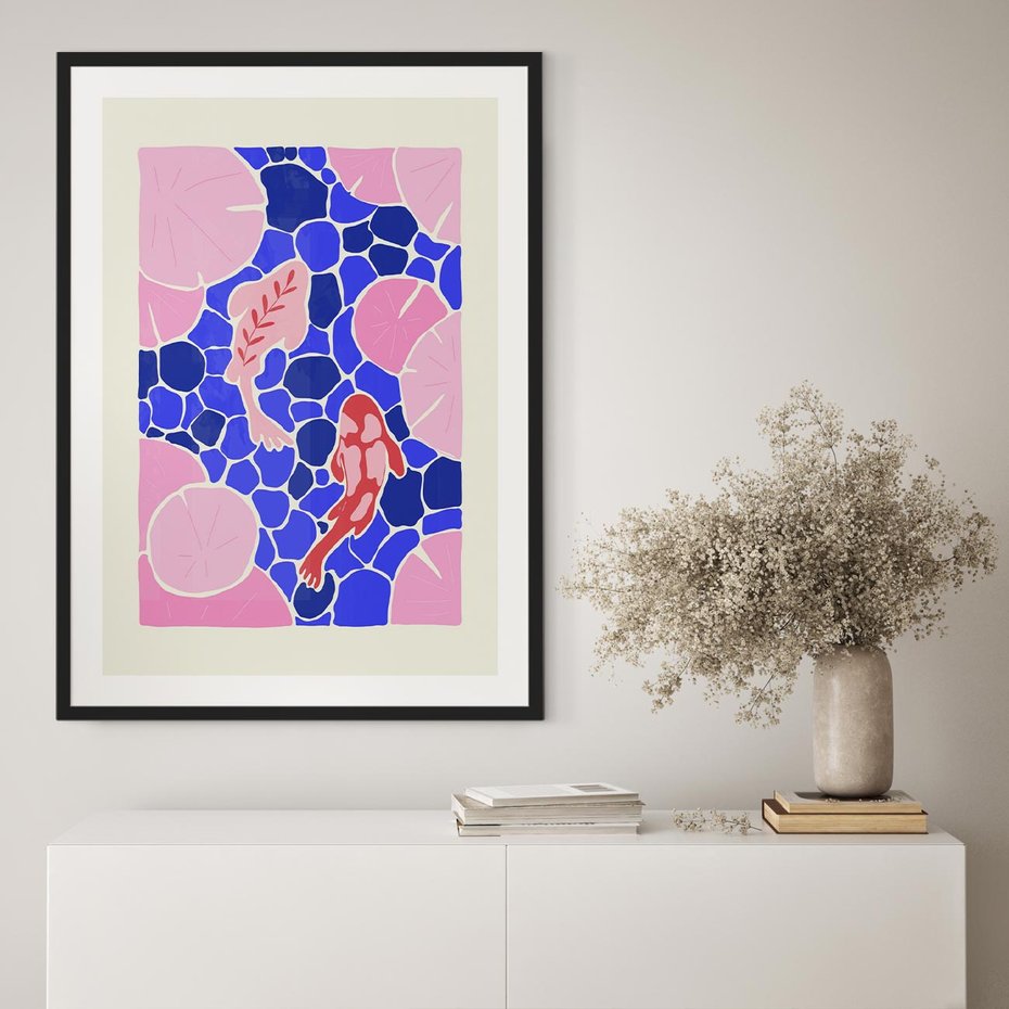 Plakat bez ramy 40x50 - Rzeka Abstrakcji - abstrakcyjna kompozycja, różowe ryby wśród rafy