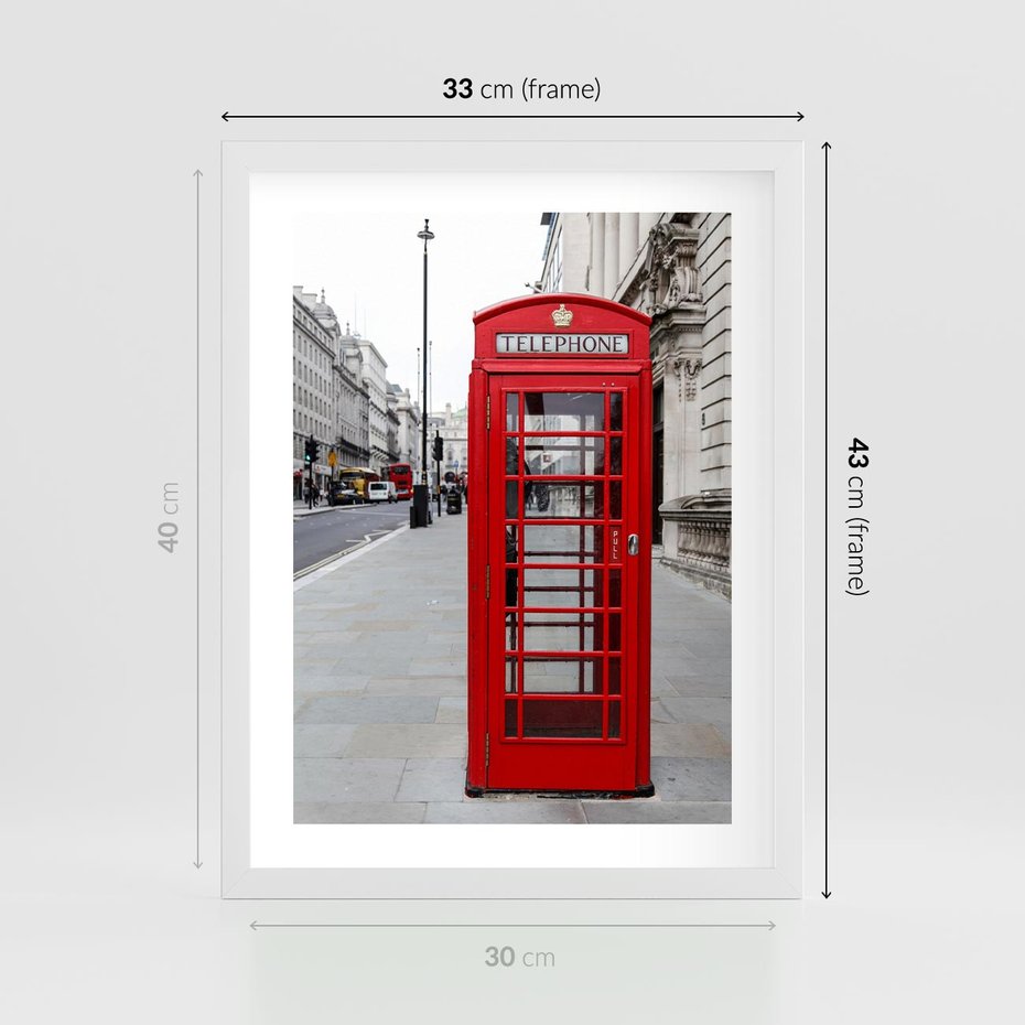 Plakat w ramie 30x40 - Londyńska budka w perspektywie - budka, Londyn - rama biała