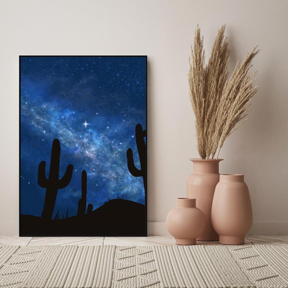 Obraz w ramie 70x100 - Nocne Tajemnice Pustyni - gwieździsta noc, granatowe niebo - rama czarna