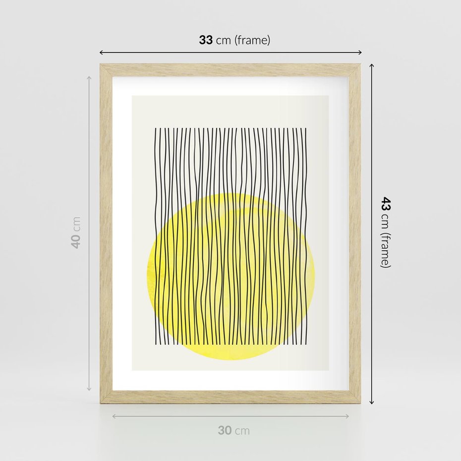 Plakat w ramie 30x40 - Ciepłe Przenikanie - geometria, żółte koło - rama drewno