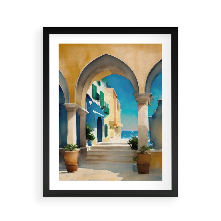 Plakat w ramie 40x50 - Nadmorskie Łuki - akwarela, śródziemnomorski klimat - rama czarna