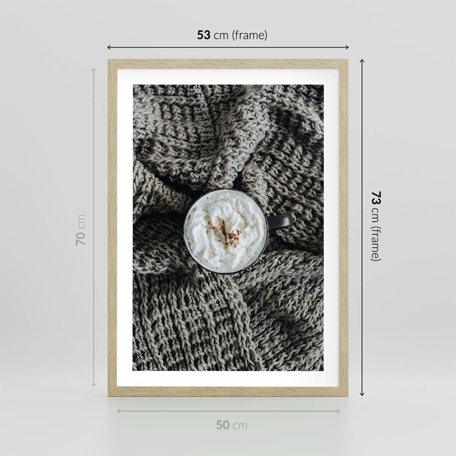 Plakat w ramie 50x70 - Relaks z Kawą i Kocem - ciepły wełniany koc, kawa z bitą śmietaną - rama drewno