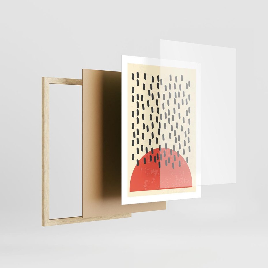 Plakat w ramie 50x70 - Czerwona Abstrakcja: Grafika z Wyrazistym Kołem - abstrakcja grafika, czerwone koło - rama drewno