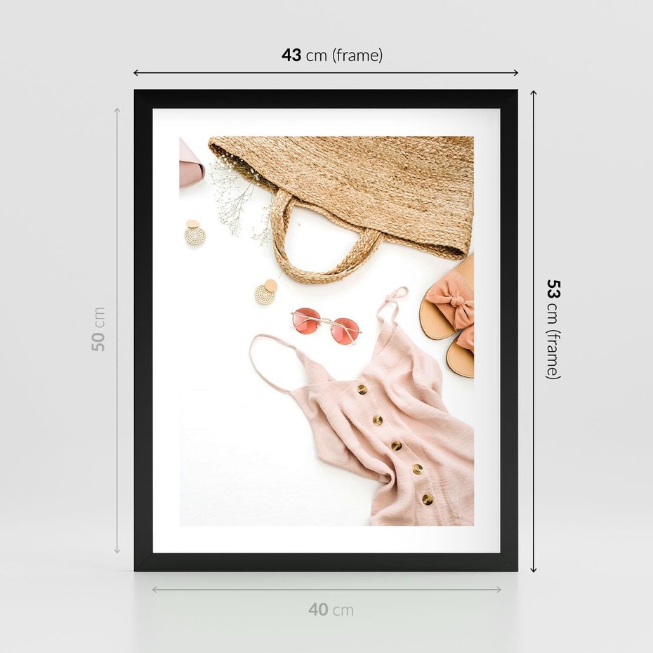 Plakat w ramie 40x50 - Moda na Plażę - kompozycja fashion, sukienka - rama czarna