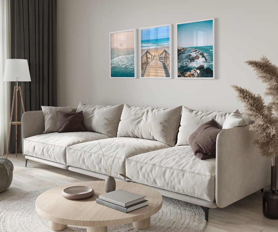 Zestaw obrazy w ramie 30x40 galeria - Plaża, morze, fale, boho - rama biała