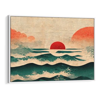 Obraz w ramie 70x50 - Czerwone Melodie - japońska sztuka, zachód słońca nad oceanem - rama biała