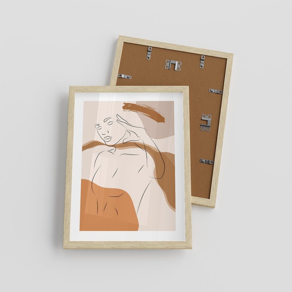 Plakat w ramie 30x40 - Sztuka Piękna w Beżach i Brązach - szkic jedną linią, naga kobieta - rama drewno