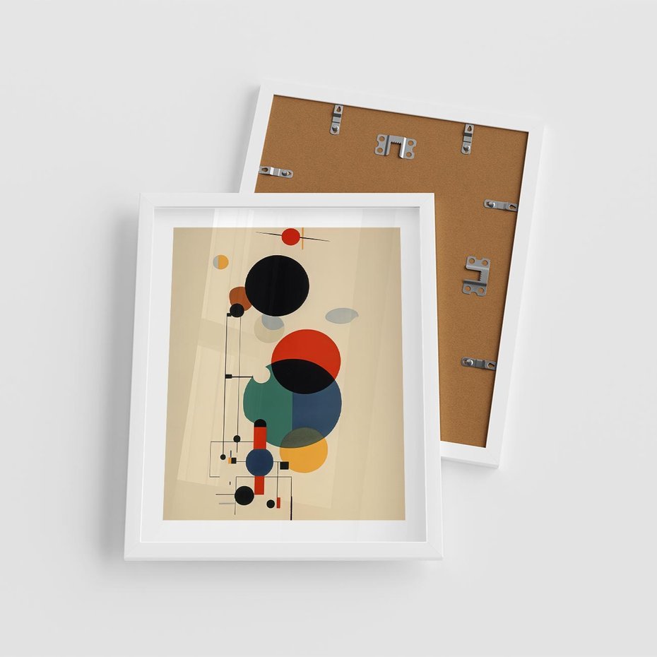 Plakat w ramie 40x50 - Migocące Impresje Odniesień - abstrakcyjna geometryczna kompozycja, koła linie - rama biała