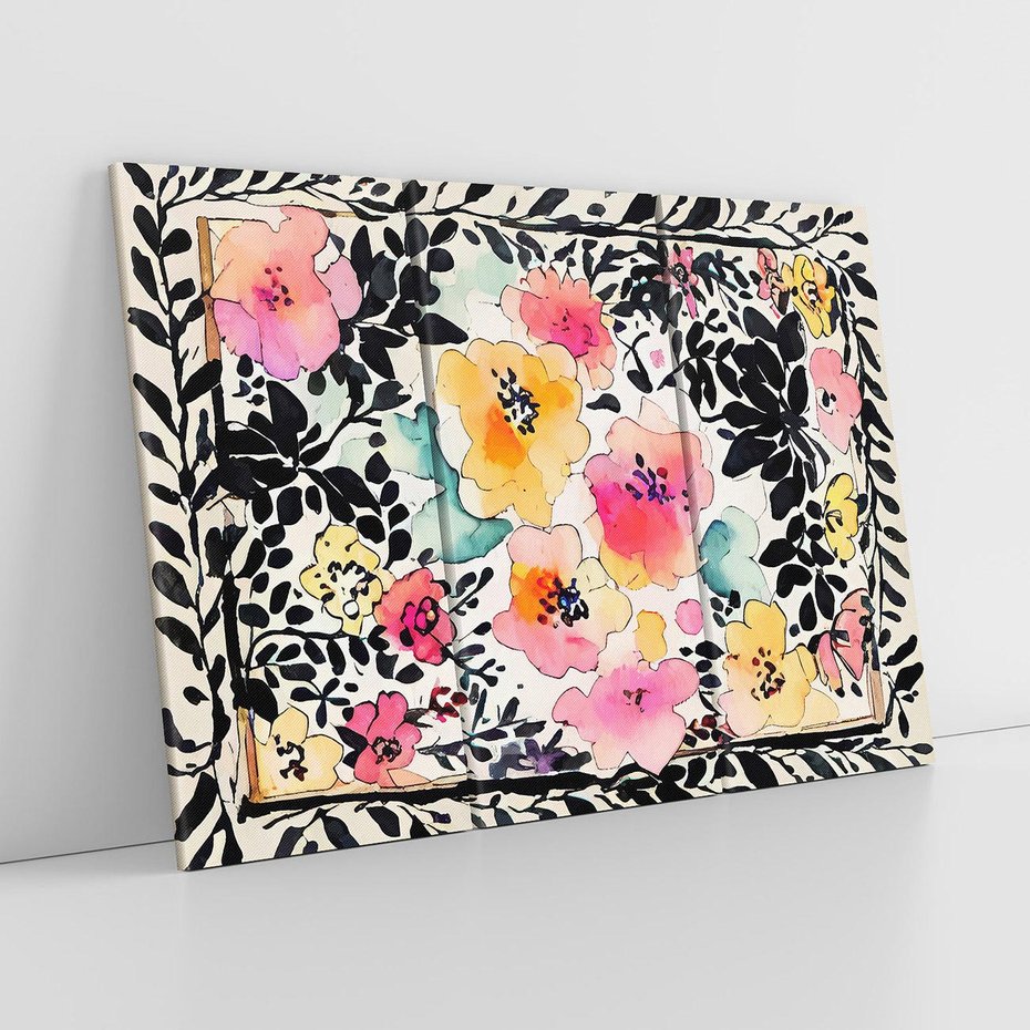 Obraz na płótnie 120x80 - Opowieść w kroplach farb - akwarelowe kwiaty, mocna ornamentowa czarna ramka namalowana dookoła obrazu