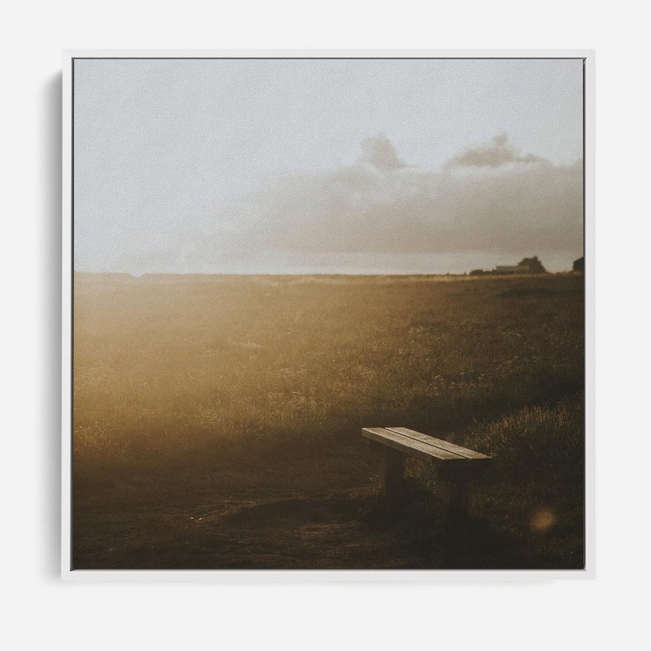 Obraz w ramie 80x80 - Mglisty zachód słońca na ławeczce - mgła, zachód - rama biała