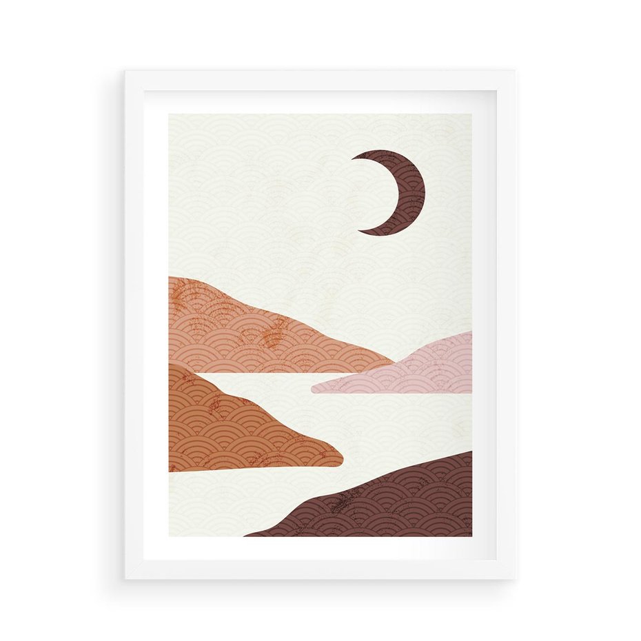 Plakat w ramie 50x70 - Księżycowa Refleksja - nowoczesna sztuka, góry - rama biała