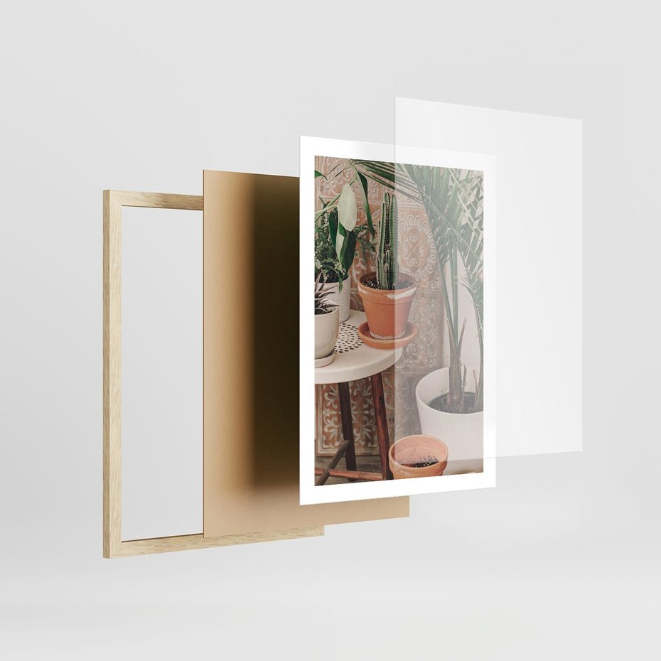 Plakat w ramie 50x70 - Boho Oaza: Kaktusy w Doniczkach - rośliny kaktusy w doniczkach, boho wnętrze - rama drewno