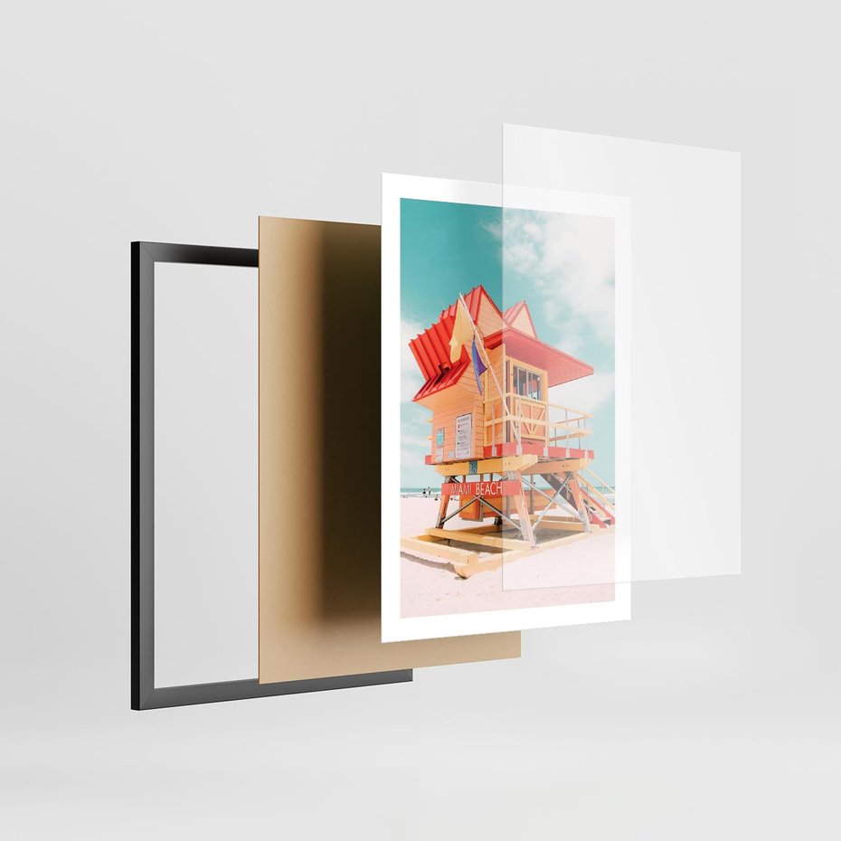 Plakat w ramie 50x70 - Rajski Widok - plaża miami, domek ratownika - rama czarna