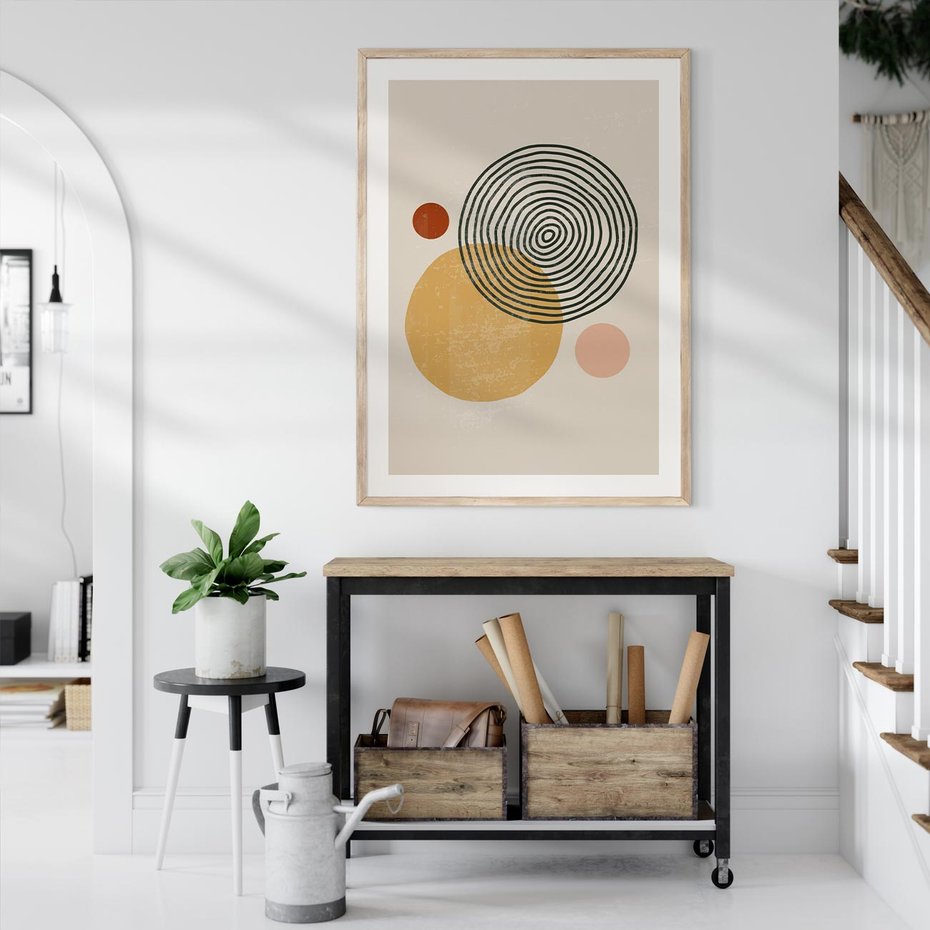 Plakat w ramie 50x70 - Boho Światło - abstrakcyjna sztuka, boho kształty - rama drewno