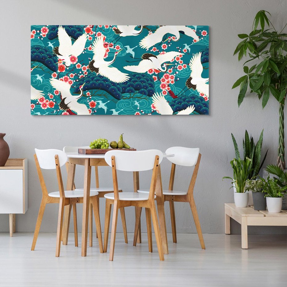 Obraz na płótnie 140x70 - Żurawie Wachlarze - orientalne japońskie żurawie, grafika