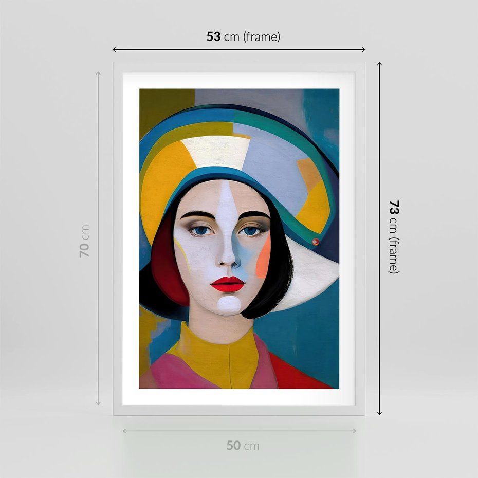 Plakat w ramie 50x70 - Kształtujące Widzenia - abstrakcyjny obraz olejny, portret twarzy kobiety - rama biała