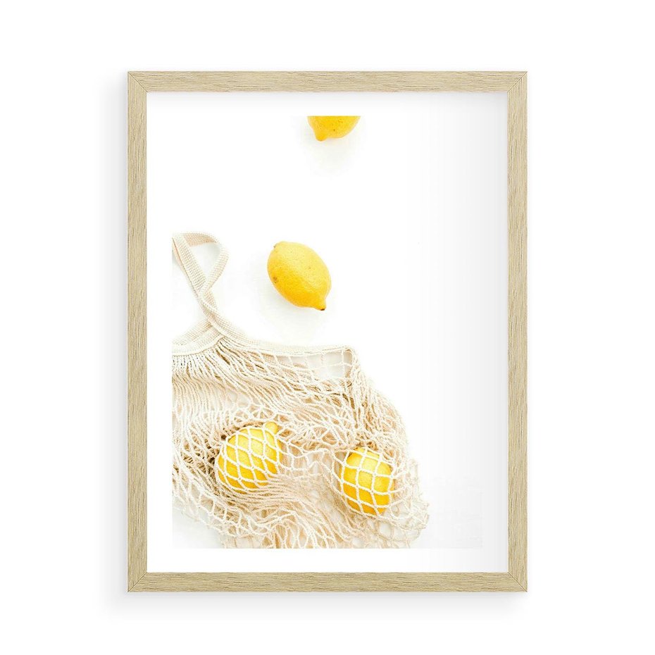 Plakat w ramie 50x70 - Cytrynowa Siatka - cytryny, materiałowa siatka - rama drewno