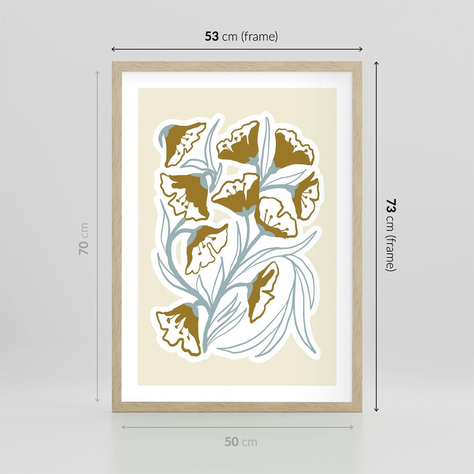 Plakat w ramie 50x70 - Wibracje Widzenia - abstrakcyjne beżowe kwiaty, elegancka kompozycja - rama drewno