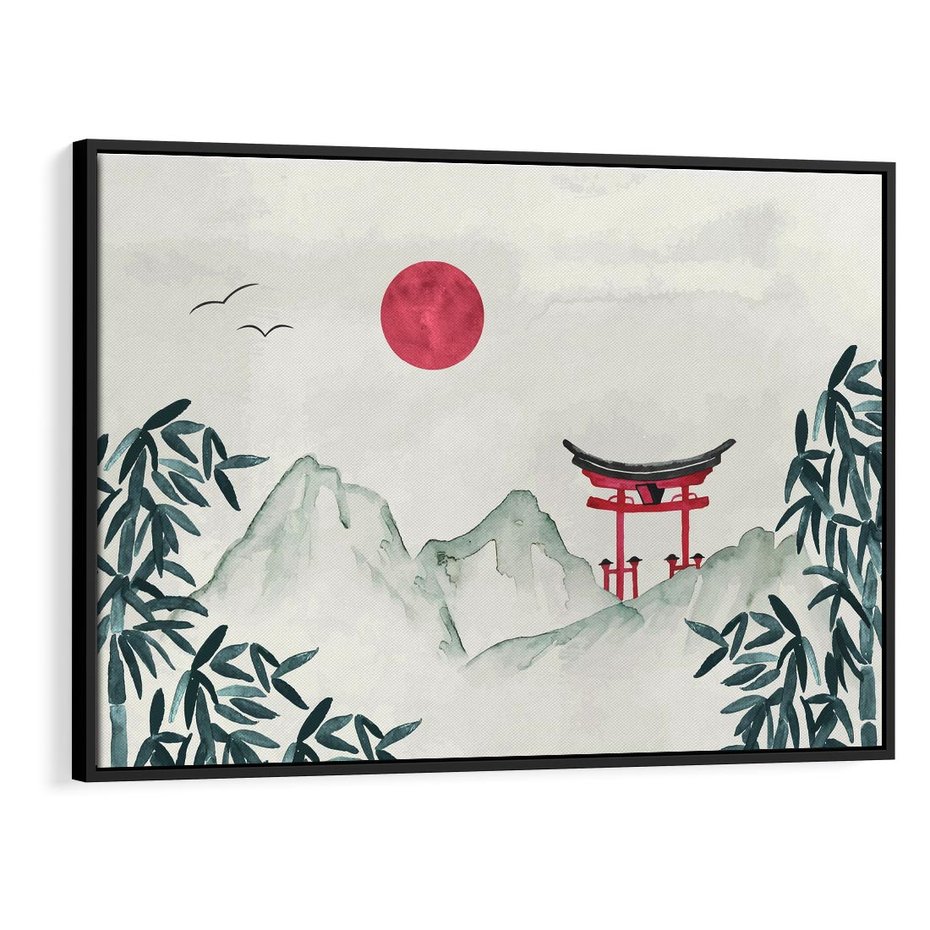 Obraz w ramie 100x70 - Słońce nad Górami - japoński krajobraz, góry - rama czarna
