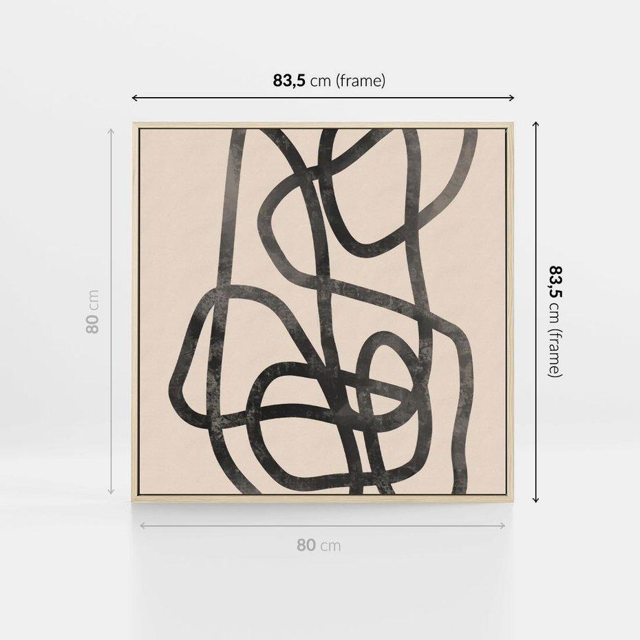 Obraz w ramie 80x80 - Przenikanie Wirtualnych Wymiarów - zaplątane minimalistyczne linie, na bezowym tle - rama drewno