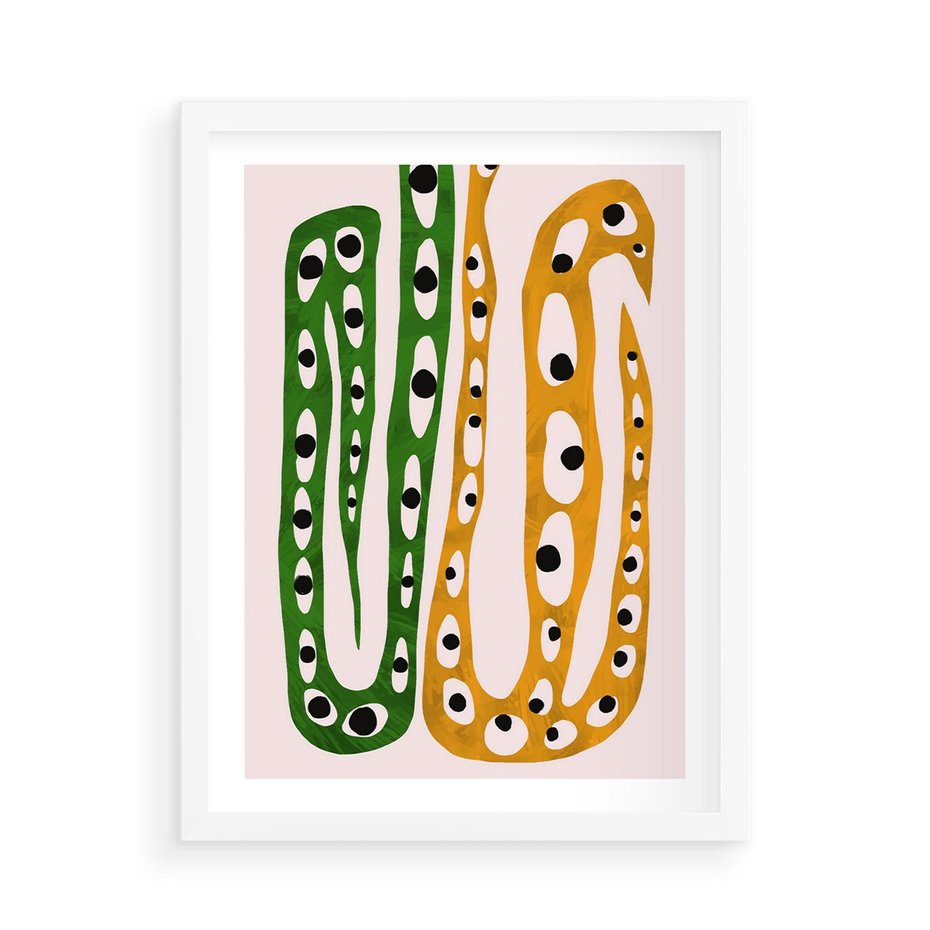 Plakat w ramie 50x70 - Migocące Zmaganie - abstrakcyjny obraz, dziwne kształty - rama biała