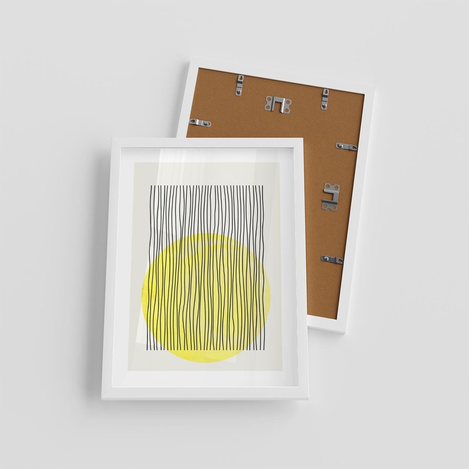 Plakat w ramie 30x40 - Ciepłe Przenikanie - geometria, żółte koło - rama biała