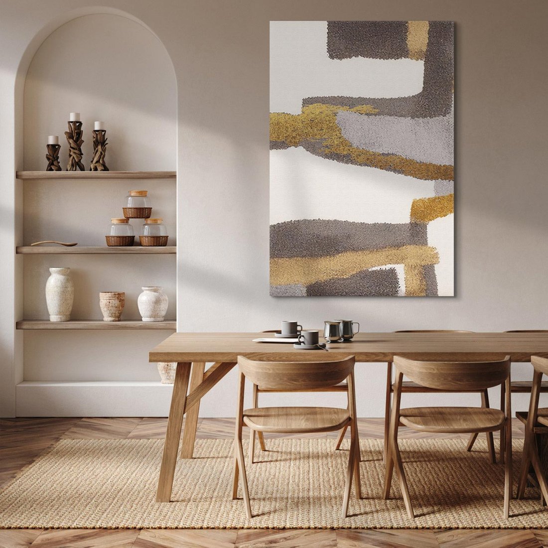 Obraz na płótnie 50x70 - Szaro-złote Wibracje - abstrakcyjne kształty, szerokie linie