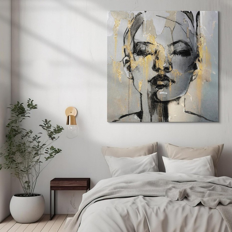 Obraz na płótnie 40x40 - Kobieta - Abstrakcyjne Malowidło - złote, usta abstrakcja