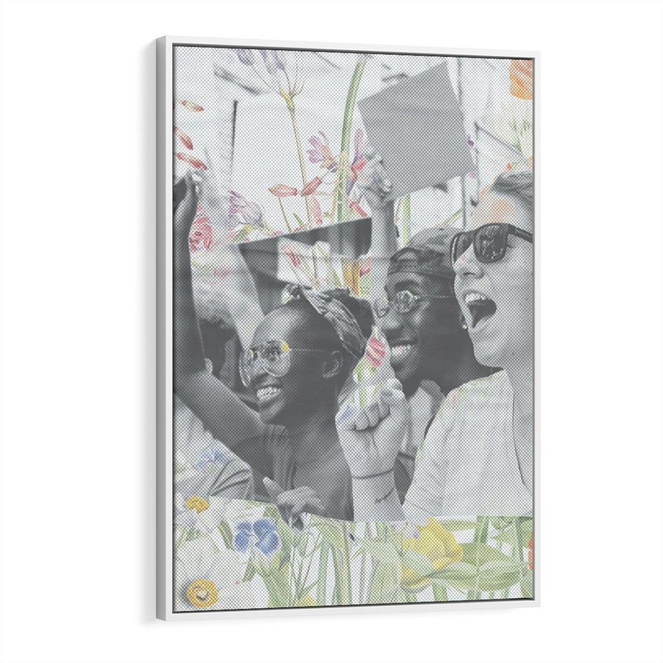 Obraz w ramie 70x100 - Księga zaklętych marzeń - kolaż, czarnobiałe zdjęcie wesołych młodych ludzi - rama biała