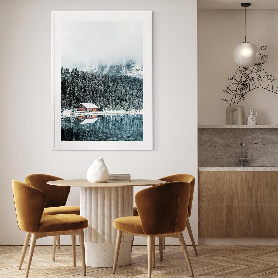 Plakat w ramie 50x70 - Biały Domek - domek w górach, zima - rama biała