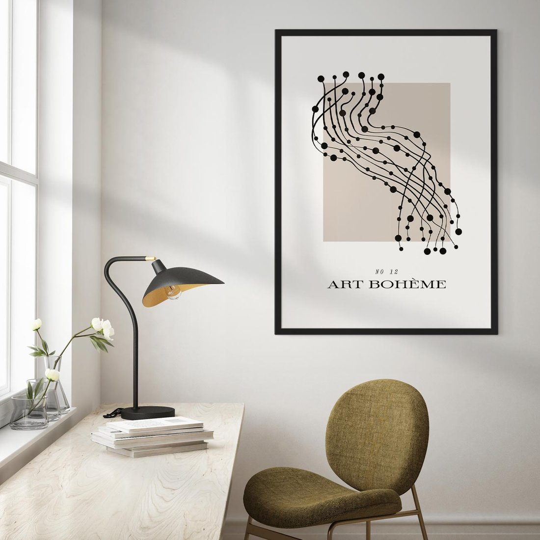 Plakat w ramie 50x70 - Migocące Konstrukcje Abstrakcji - sztuka minimalizmu, biało czarna rycina - rama czarna