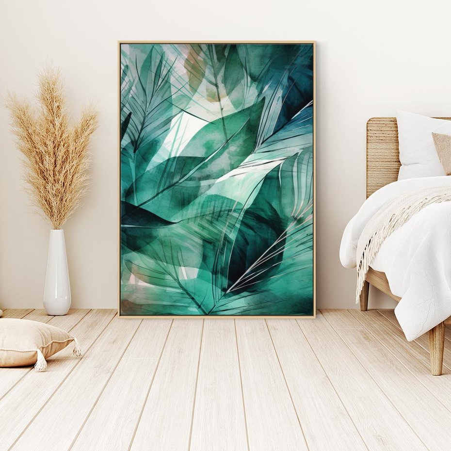 Obraz w ramie 80x120 - Zieleń Tropików - tropikalne zielone liście palmy, monstera - rama drewno