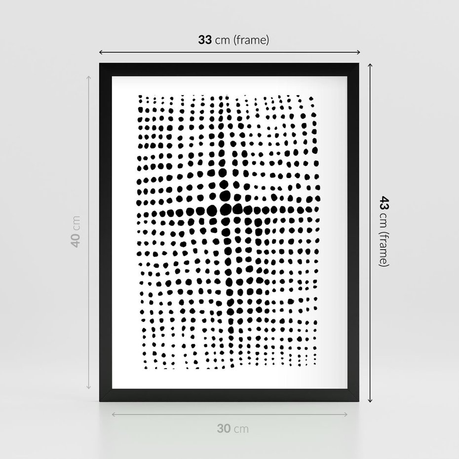Plakat w ramie 30x40 - Refleksje Monochromatycznych Widoków - abstrakcyjna kompozycja z czarnych kropek, minimalistyczny czarno bialy plakat - rama czarna