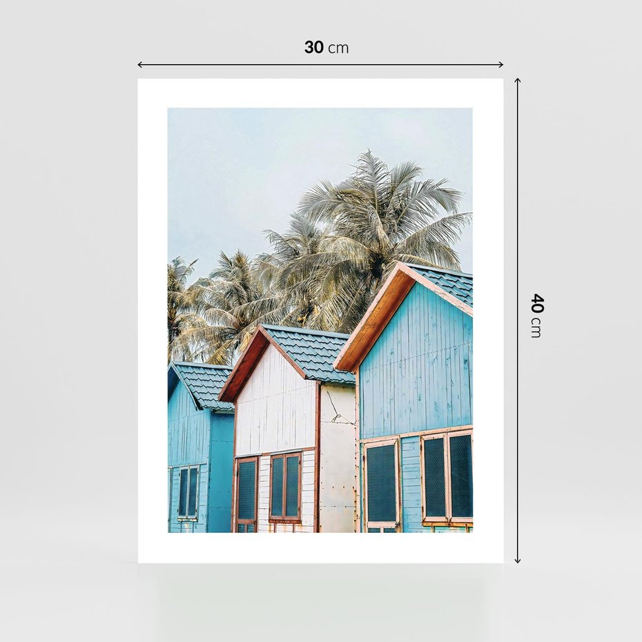 Plakat bez ramy 30x40 - Rajskie Wakacje - domki na plaży, błękitne domki