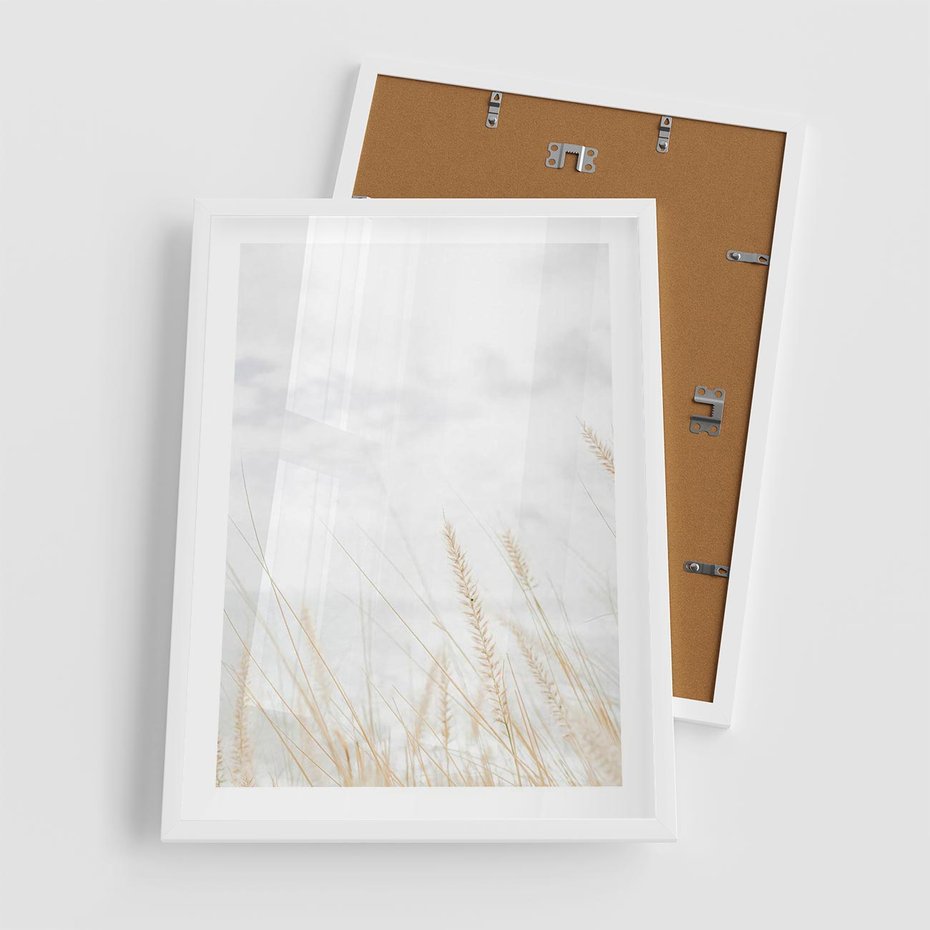Plakat w ramie 50x70 - Jasna Delikatność: Fotografia Suchych Traw - suche trawy, jasna fotografia - rama biała