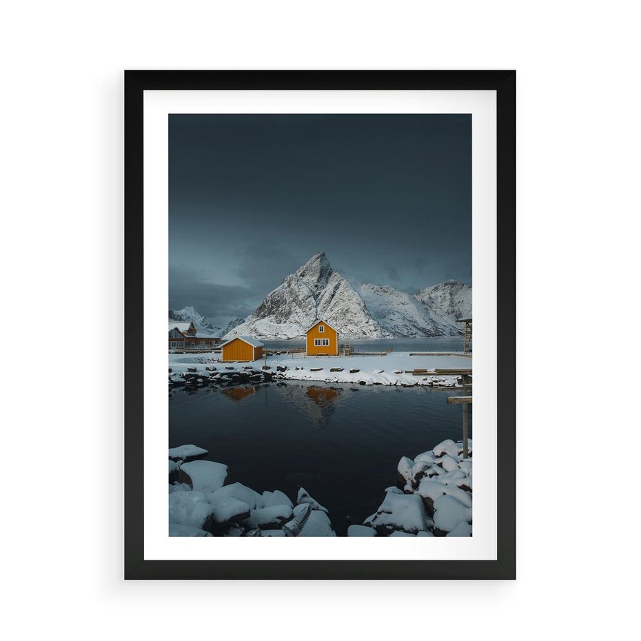 Plakat w ramie 50x70 - Minimalizm i Urok Natury - skandynawskie, domki - rama czarna