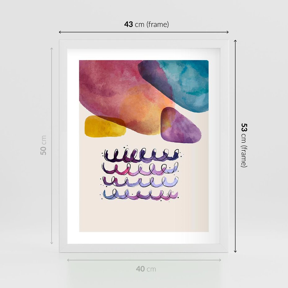 Plakat w ramie 40x50 - Impresje Akwarelowej Przestrzeni - kolorowe pastelowe plamy, rozmyte żywe kolory - rama biała