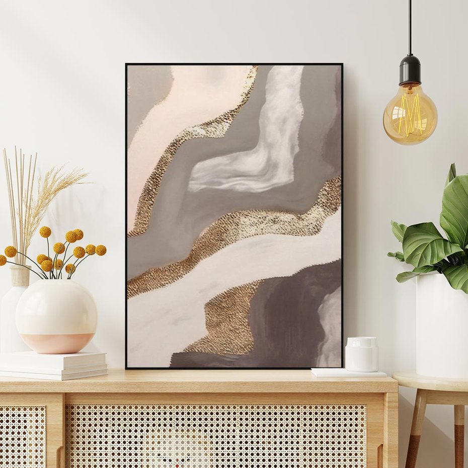 Obraz w ramie 50x70 - Płynne Fale - abstrakcja, neutralne kolory - rama czarna