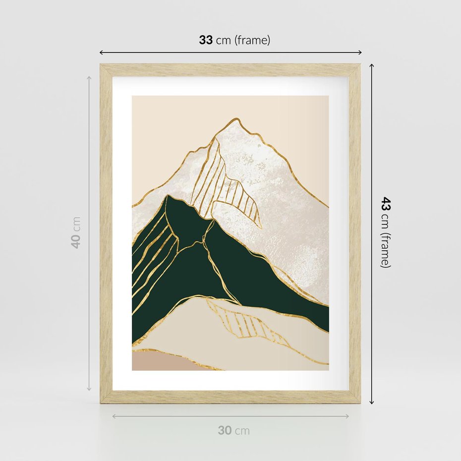 Plakat w ramie 30x40 - Minimalistyczne Góry: Złota Sztuka Natury - minimalistyczna grafika, góry - rama drewno