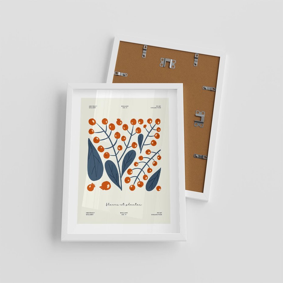 Plakat w ramie 30x40 - Minimalistyczna Uroda Jarzębin - jarzębiny, niebieskie liście - rama biała