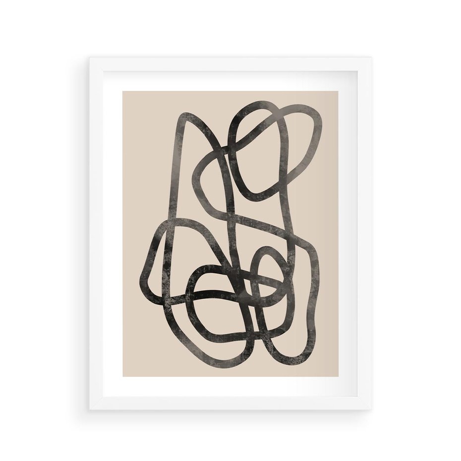 Plakat w ramie 40x50 - Przenikanie Wirtualnych Wymiarów - zaplątane minimalistyczne linie, na bezowym tle - rama biała