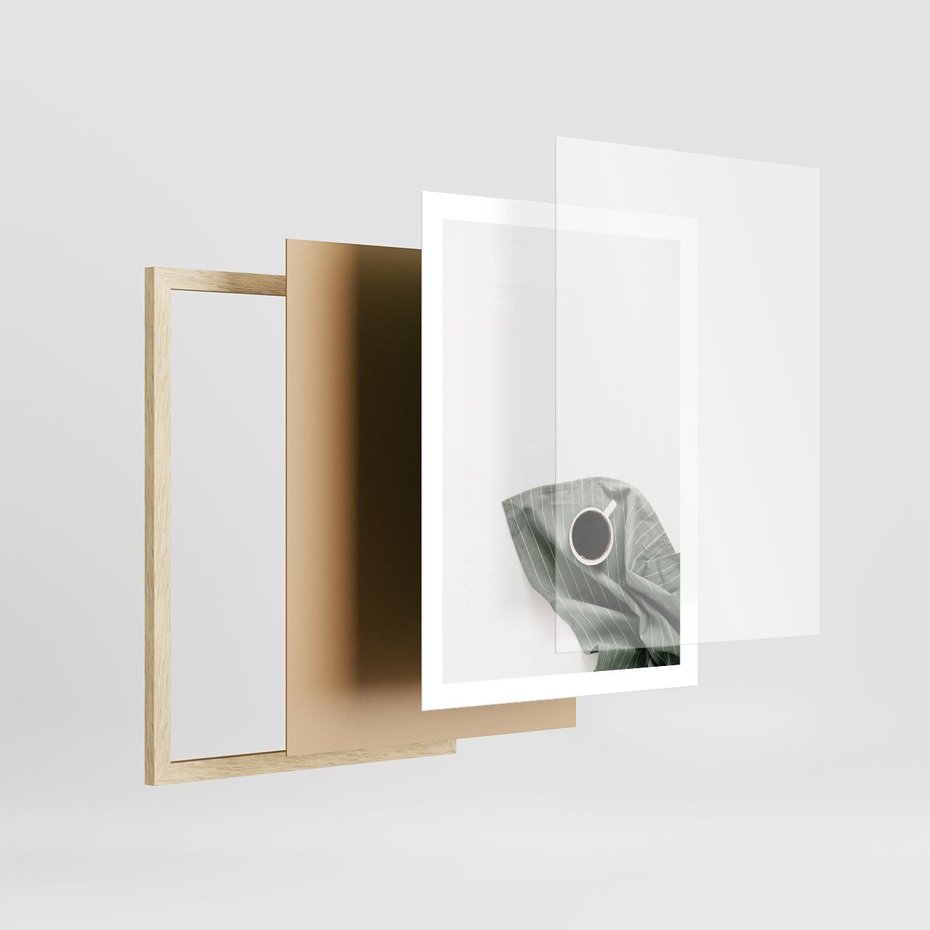 Plakat w ramie 50x70 - Poranek z Kawą - kawa, biała filiżanka - rama drewno