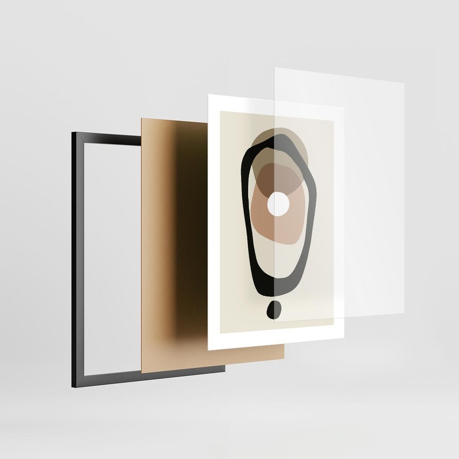 Plakat w ramie 30x40 - Intrygujące Zaskoczenia - beżowa abstrakcyjna kompozycja, czarny akcent - rama czarna