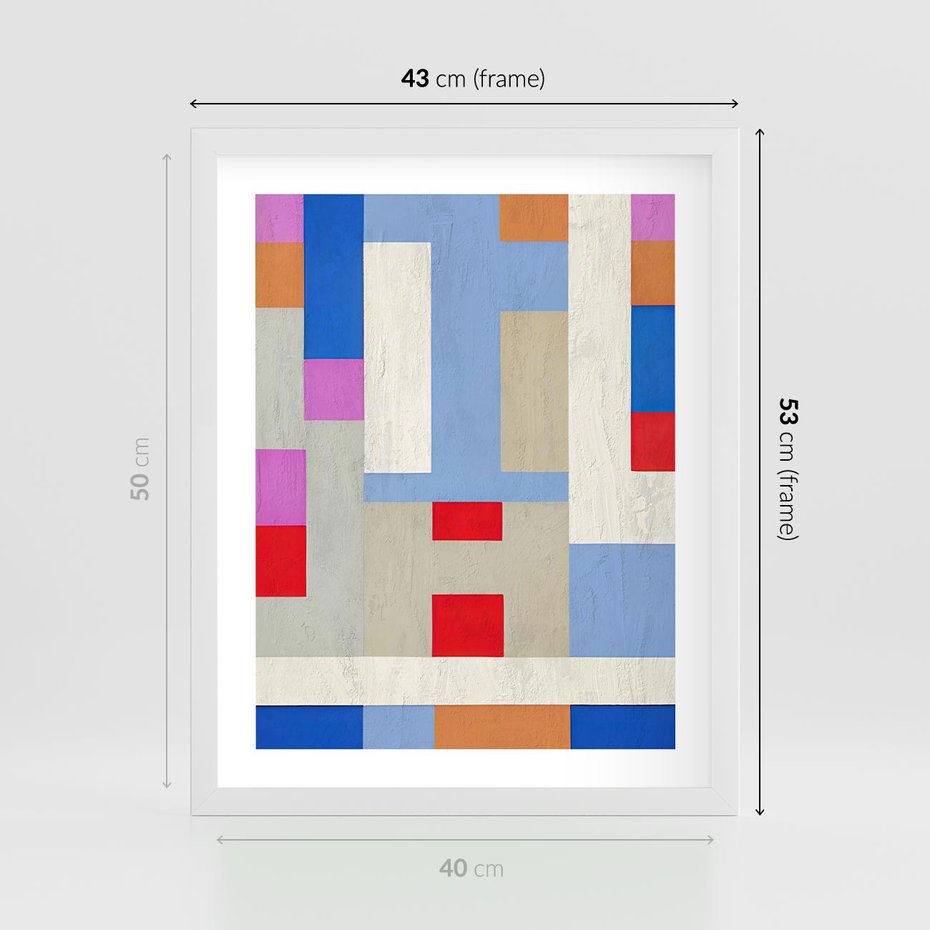 Plakat w ramie 40x50 - Bezczasowe Przenikanie Kształtów - abstrakcyjne geometryczne kształty, olejny obraz - rama biała